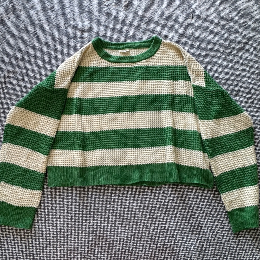 La Miel Green Cream Striped Waffle Knit Cropped Sweater Womens Med Relaxed Fit
